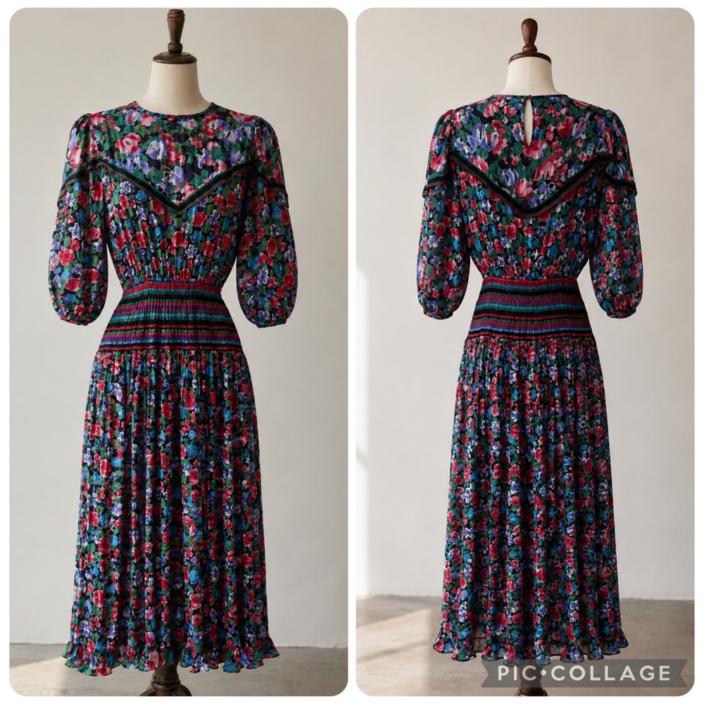 Vintage Diane Freis Georgette Floral Pleated Midi Dress Smocked Sheer 1980’s